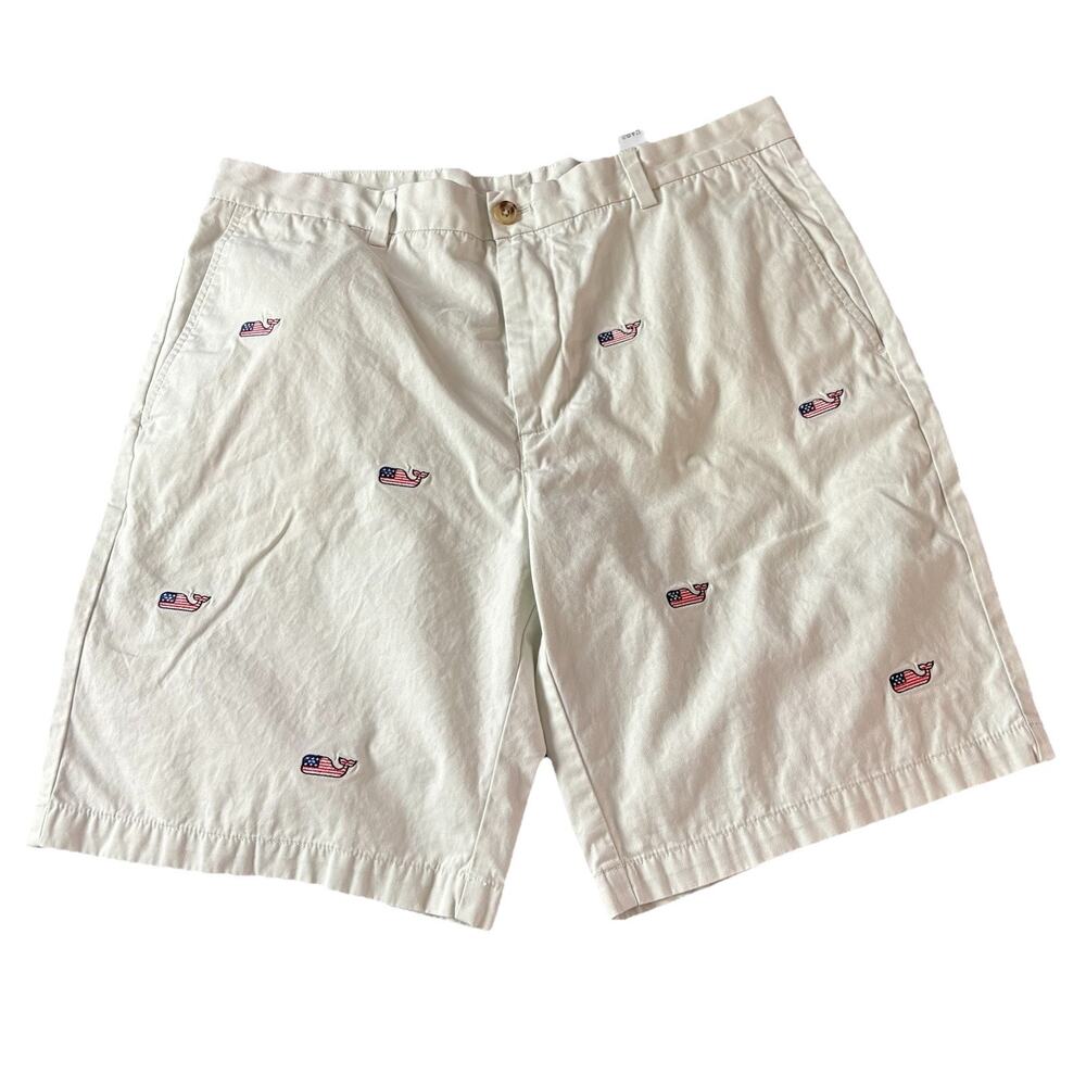Vineyard Vines Men’s Sz 36 Breaker Shorts Beige American Flag Whale Embroidered